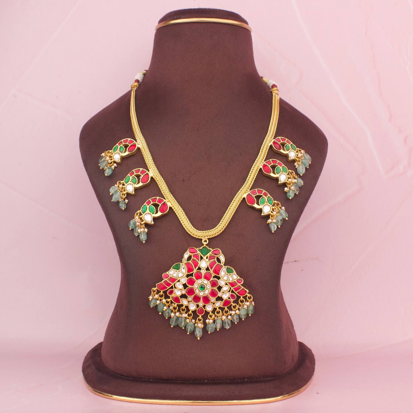 Floral Peacock Design Jadau Kundan Necklace with Green Beads