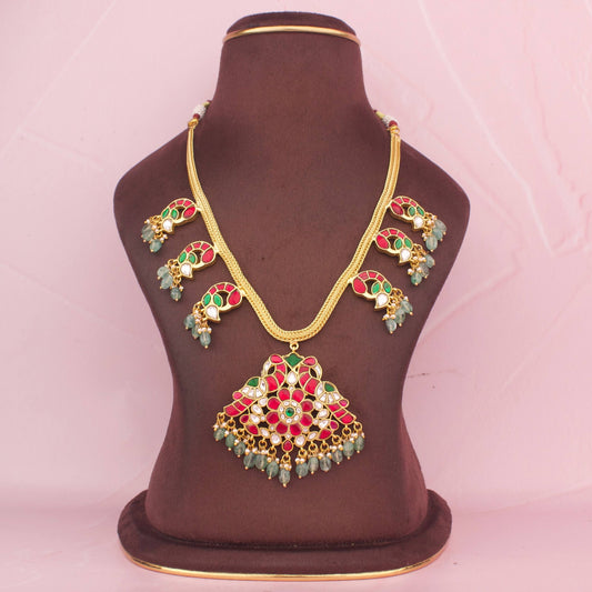 Floral Peacock Design Jadau Kundan Necklace with Green Beads