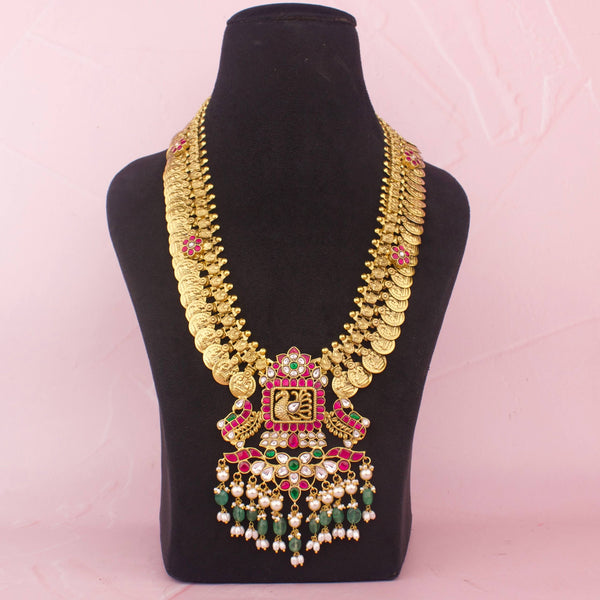 Regal Temple Coin Long Haram With Floral Pendant And Emerald Drops