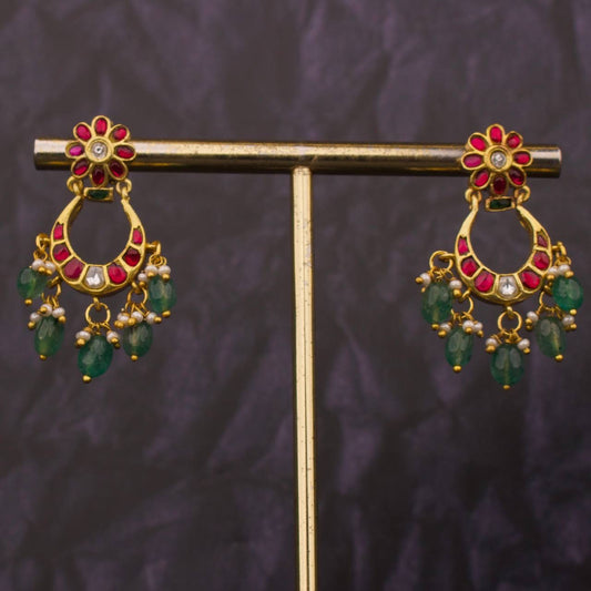 Cute Floral Studded Jadau Kundan Chandbali Earrings