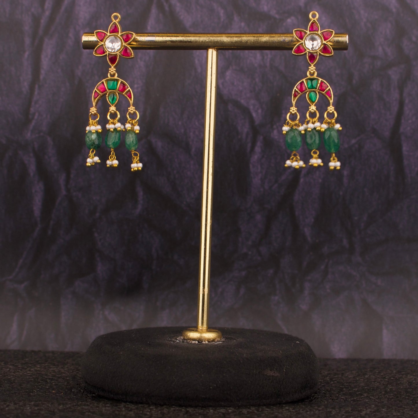 Flower Studded Jadau Kundan Hanging Earrings - DULHAN JEWELS