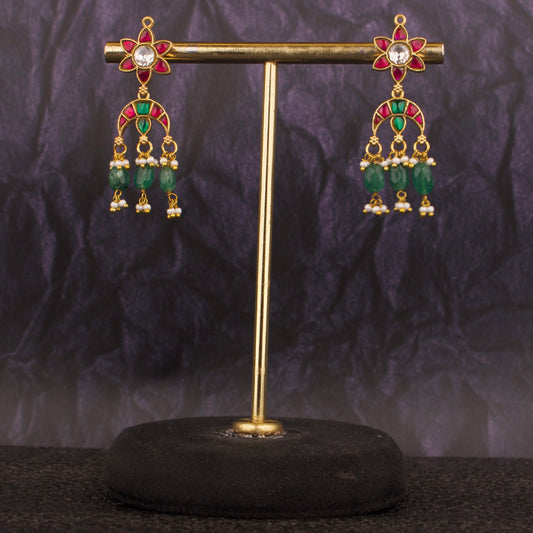 Flower Studded Jadau Kundan Hanging Earrings - DULHAN JEWELS