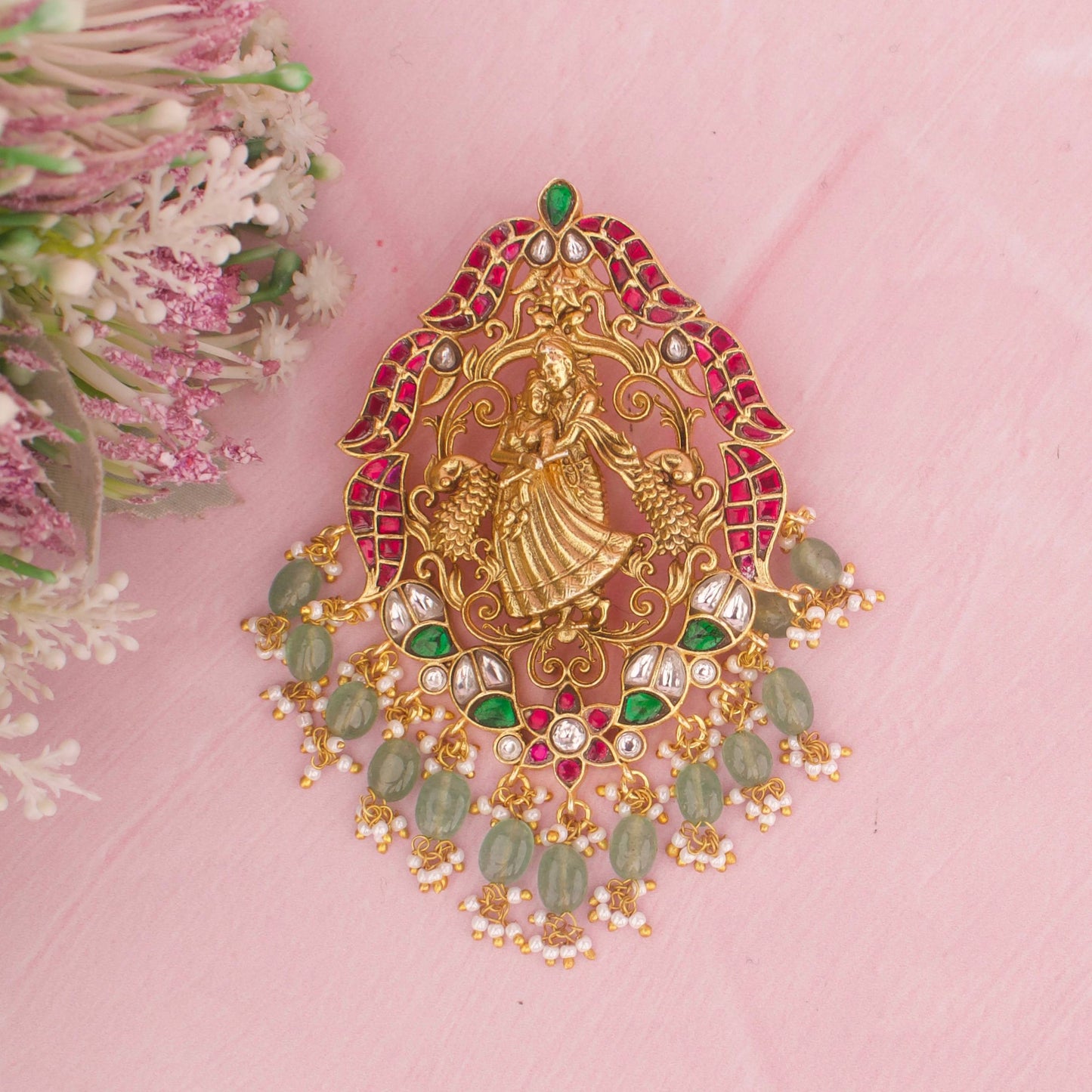 Graceful Jadau Kundan Radha Krishna Locket With Green Drops
