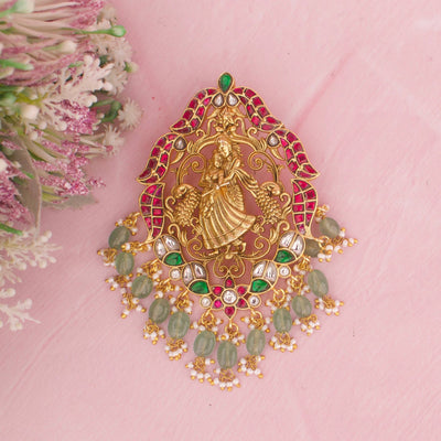 Graceful Jadau Kundan Radha Krishna Locket With Green Drops