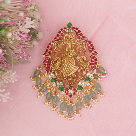 Graceful Jadau Kundan Radha Krishna Locket With Green Drops