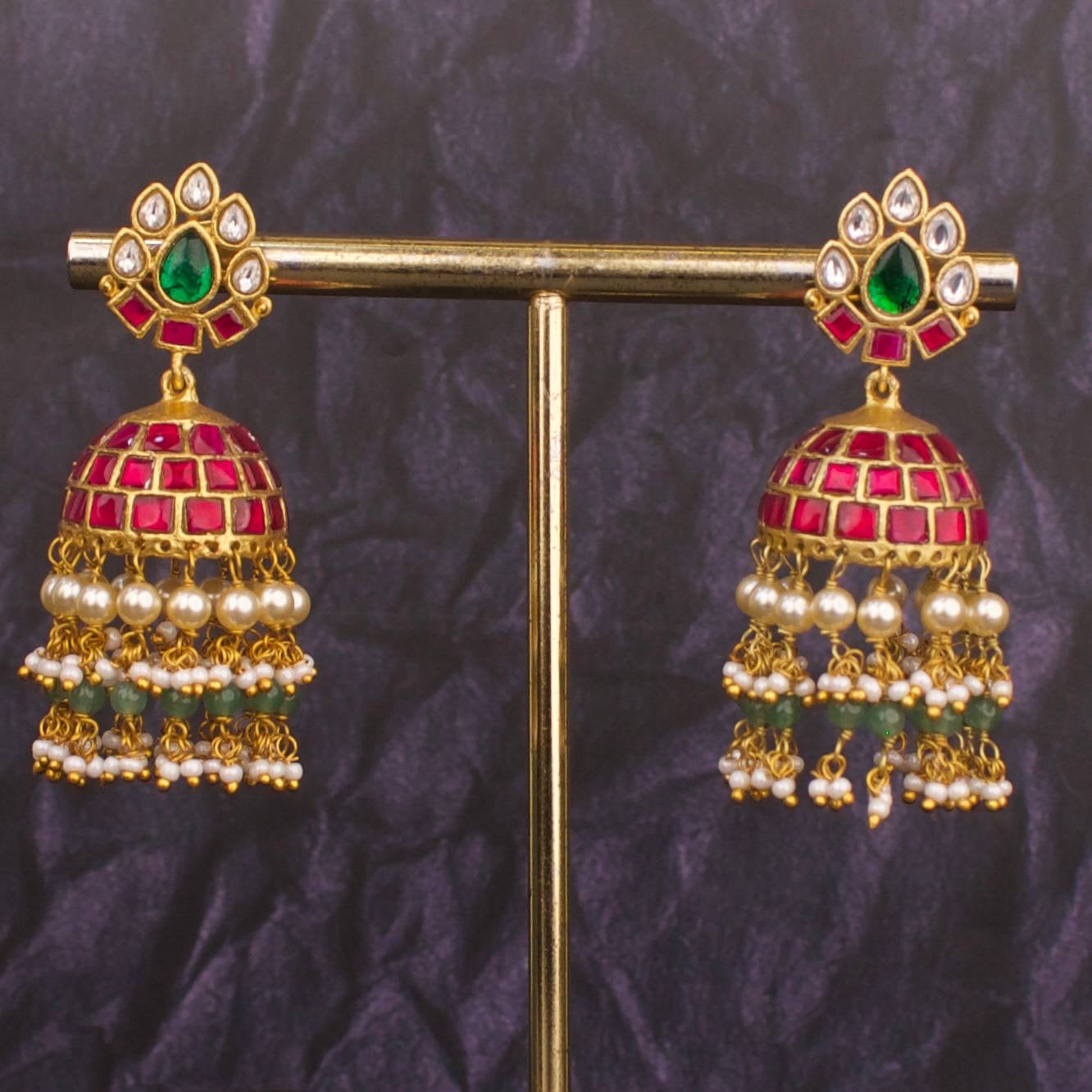 Floral Studded Jadau Kundan Jhumki Earrings With Guttapusalu Hangings