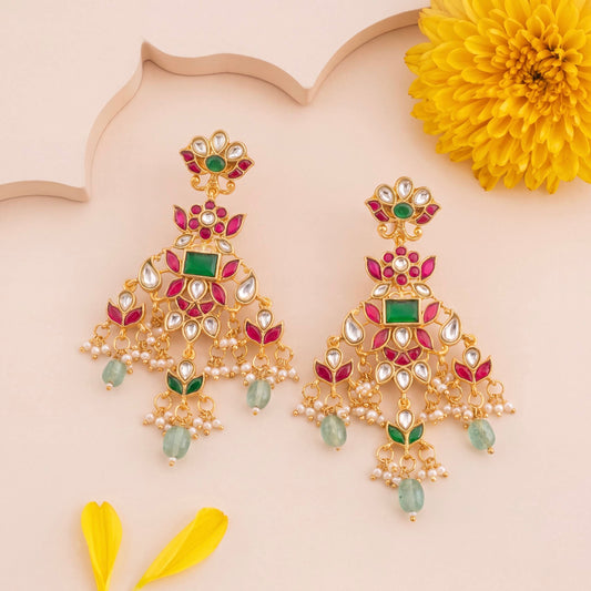 Gold inspired floral Design Jadau Kundan Chandbali with Beads