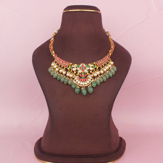 Sleek Jadau Kundan Necklace With Swarovski Pearl & Beads Droplet