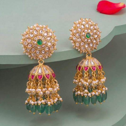 Graceful Jadau Kundan Jhumka with Swarovski Pearls Hanging - Handcrafted Indian Bridal Jewelry by Dulhan Jewels