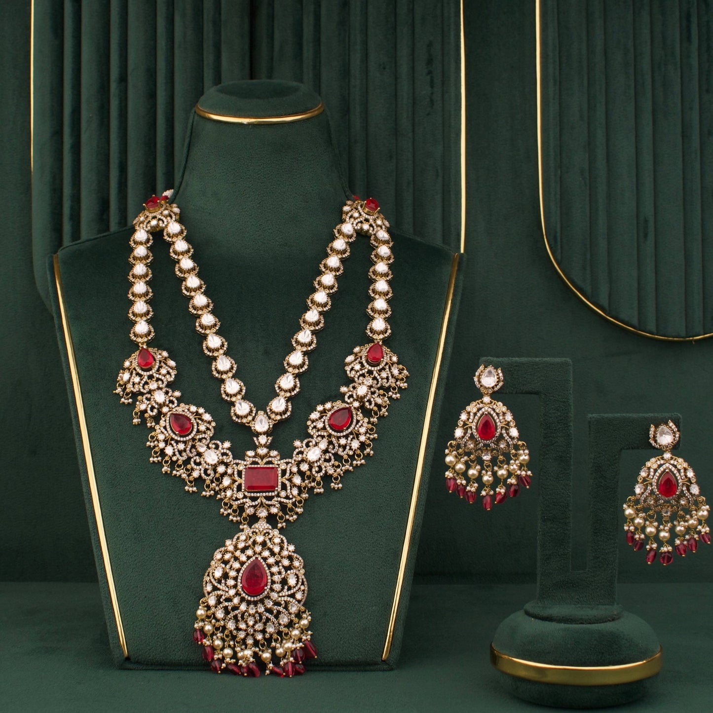 Grand Royal Victorian Polki Bridal Necklace With Matching Earrings