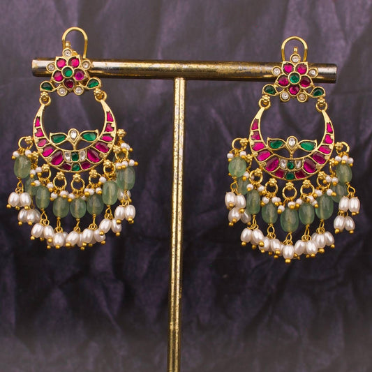Floral Studded Jadau Kundan Chandbali Hanging Earrings With Beads And Ricepearl