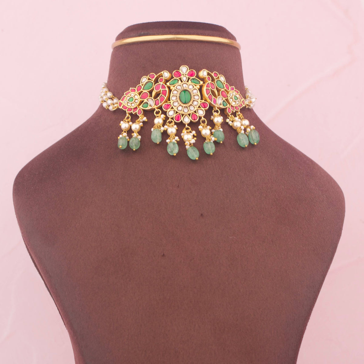 Green Emerald Jadau Kundan Choker With Pearl Drops - Handcrafted Indian Bridal Jewelry by Dulhan Jewels