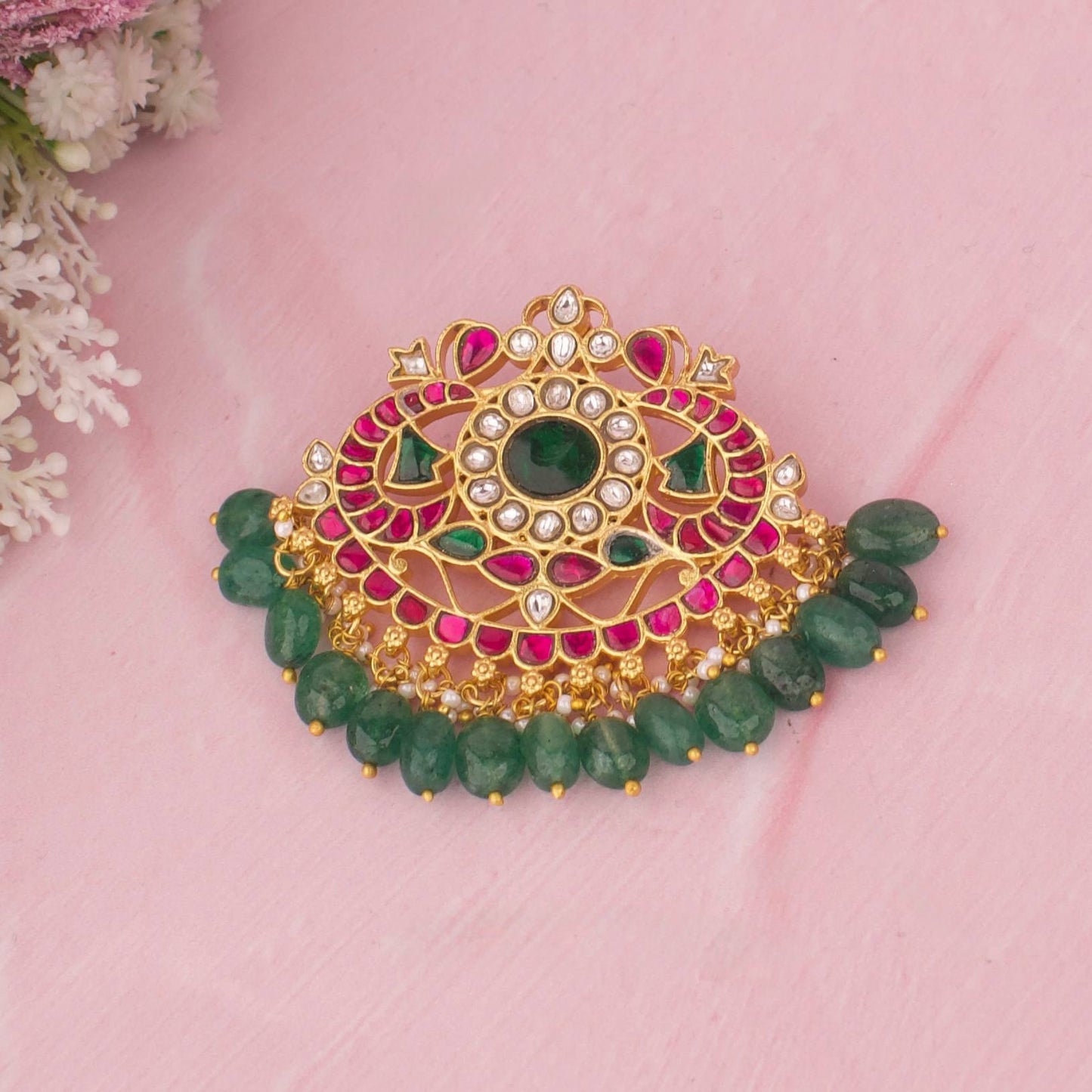 Designer Jadau Kundan Pendant With Green Hanging Beads