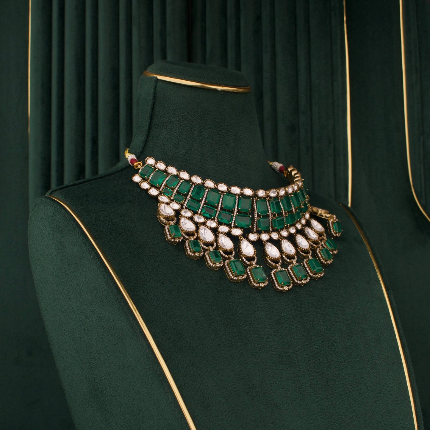 Victorian Emerald Polki Statement Choker Necklace Set With Drop Earrings