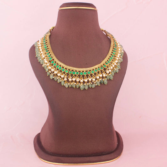 Reversible 2 in 1 Jadau Kundan Jalebi Necklace With Beads Hanging - Handcrafted Indian Bridal Jewelry by Dulhan Jewels