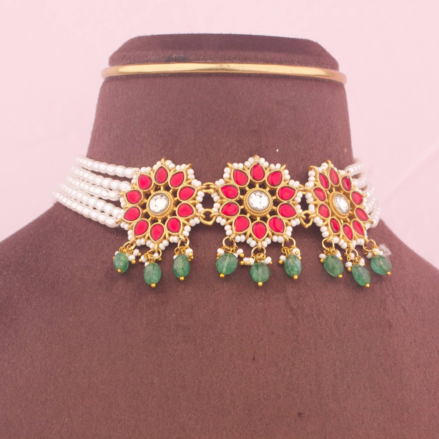 Floral Design Jadau Kundan Pearl Choker With Green Beads