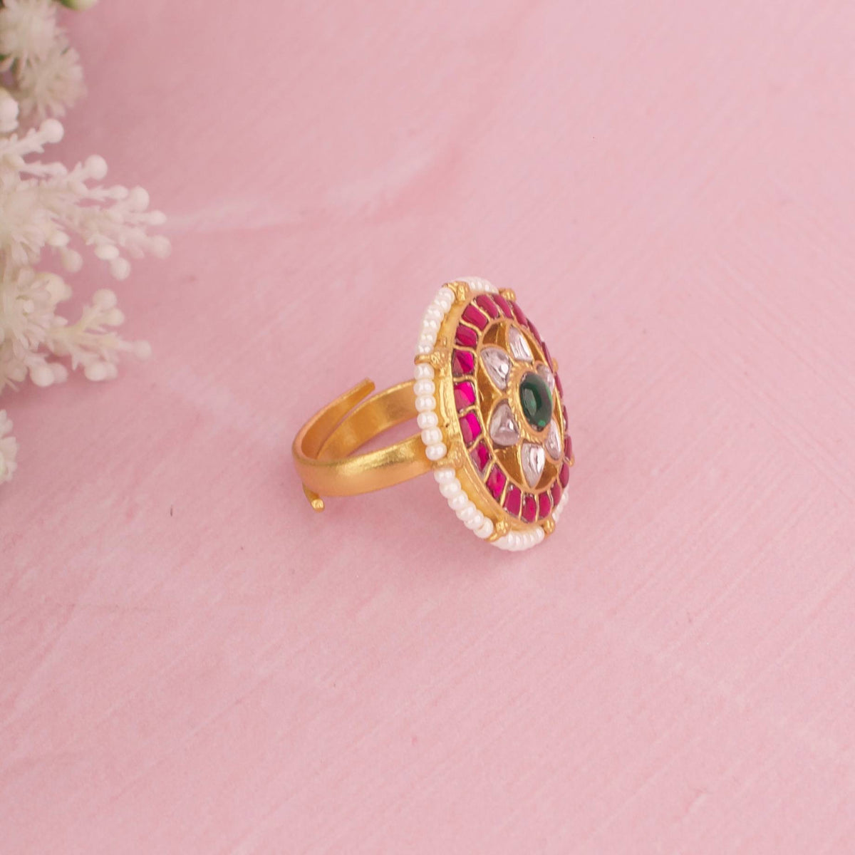 Elegant Jadau Kundan Ring With Floral Design And Pearl Bordering - Alternate View 1
