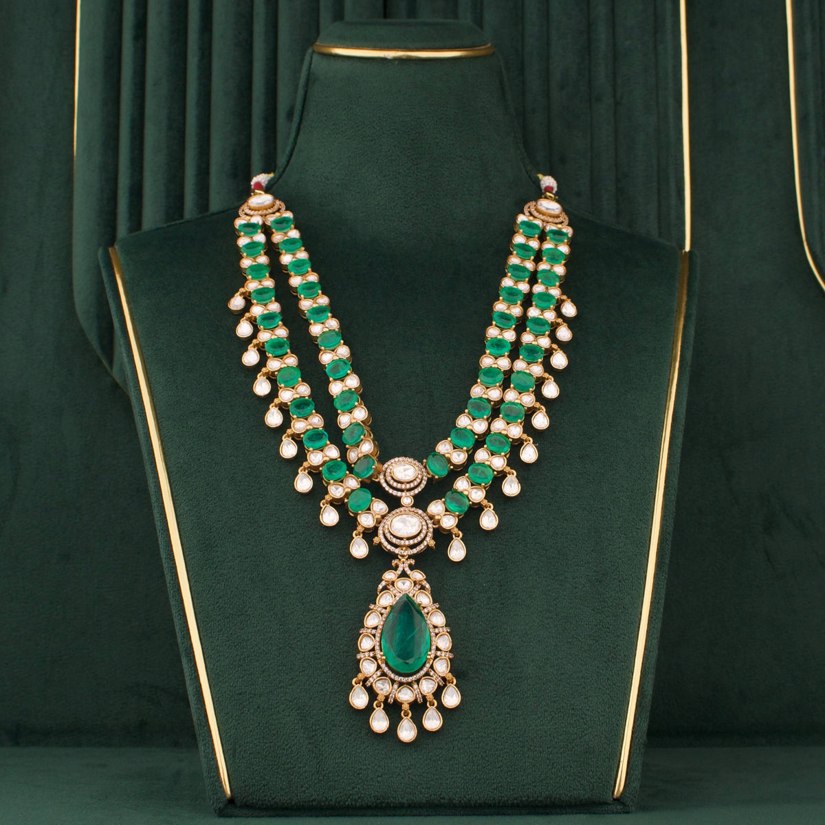 Ethnic Double Layer Victorian Necklace With Matching Earrings Craftsmanship & Detail View - Dulhan Jewels