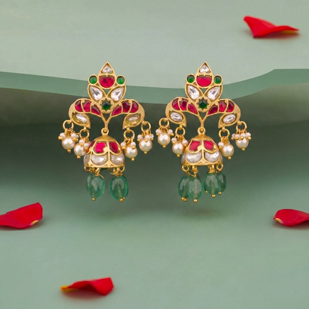 Designer Gold Finish Jadau Jhumki With Emerald Beads