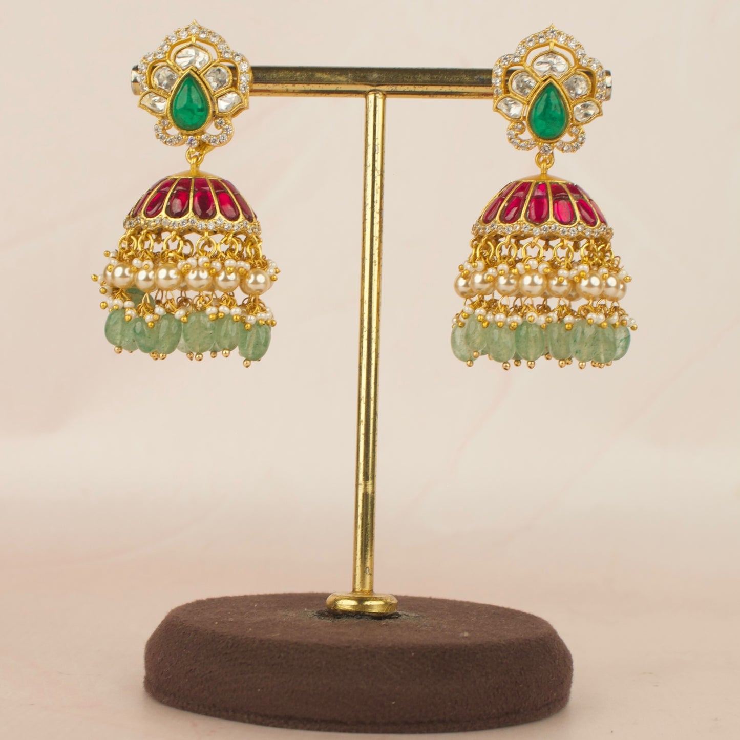 Bridal Gold Style Jadau Kundan Jhumki with Green Beads