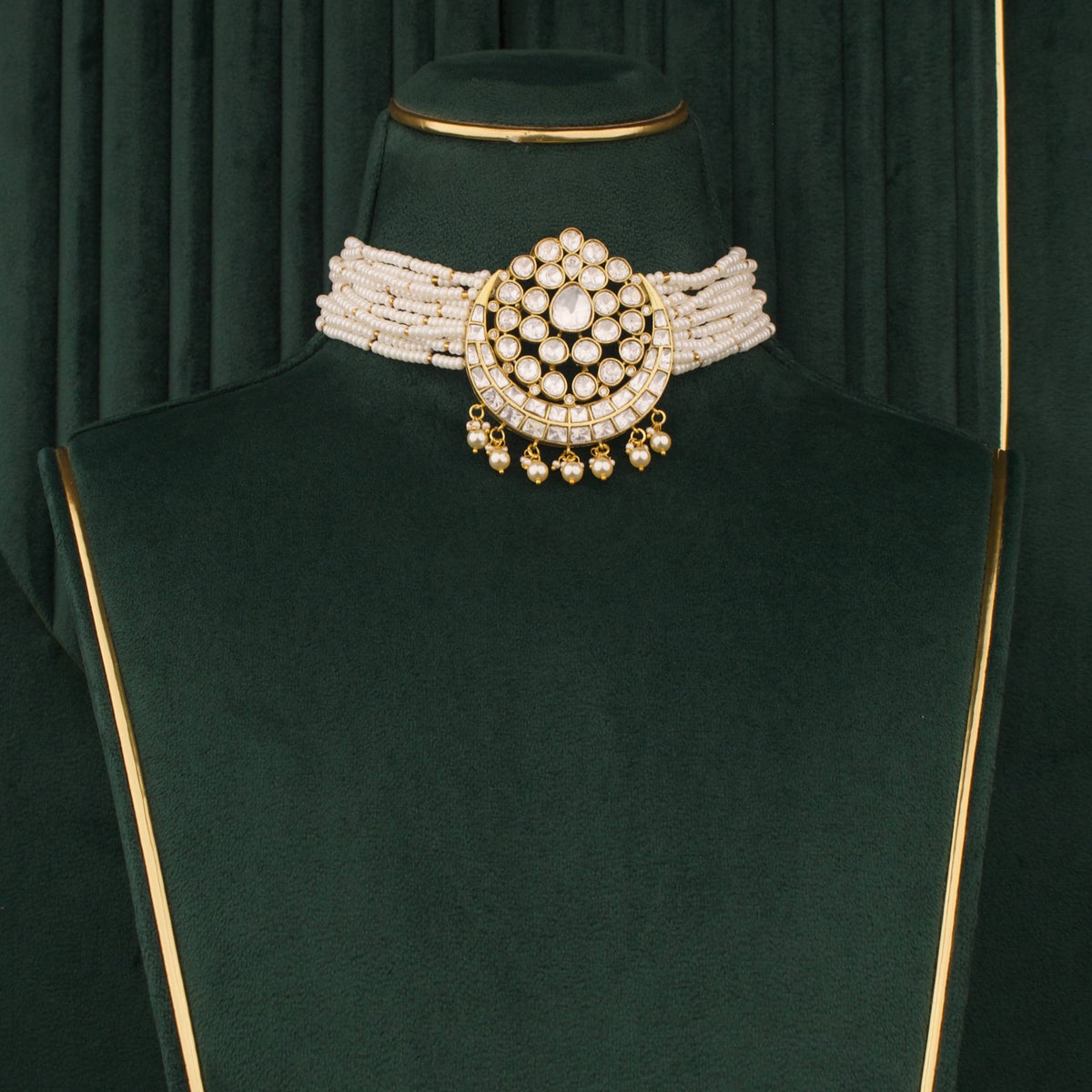Moissanite Polki Pearl Choker Necklace Set With Matching Earrings