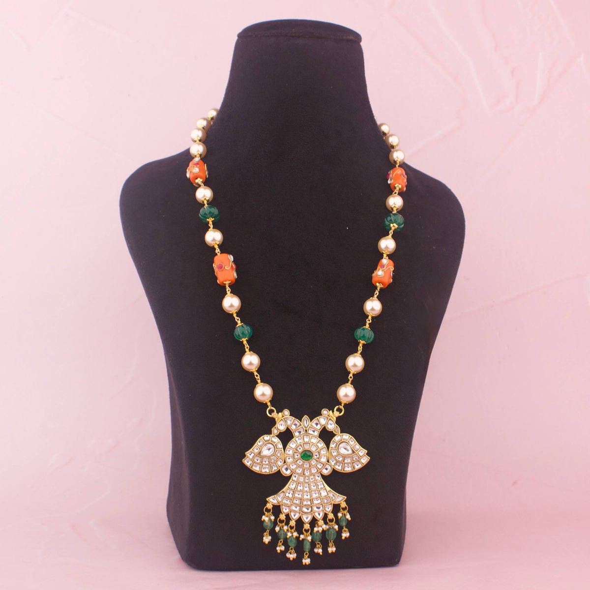 Reversible Jadau Kundan Beads Mala With Emerald Hangings