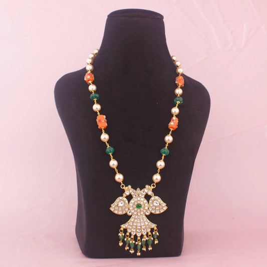 Reversible Jadau Kundan Beads Mala With Emerald Hangings