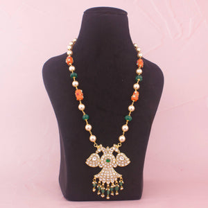 Reversible Jadau Kundan Beads Mala With Emerald Hangings