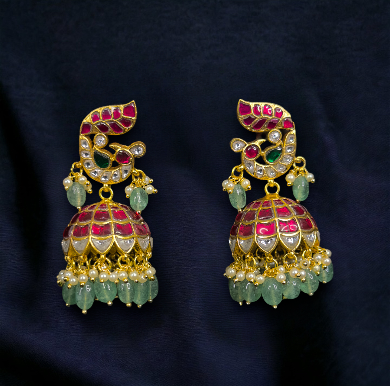 Red Jadau Kundan Jhumka with Peacock Motif