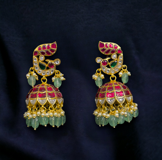 Red Jadau Kundan Jhumka with Peacock Motif