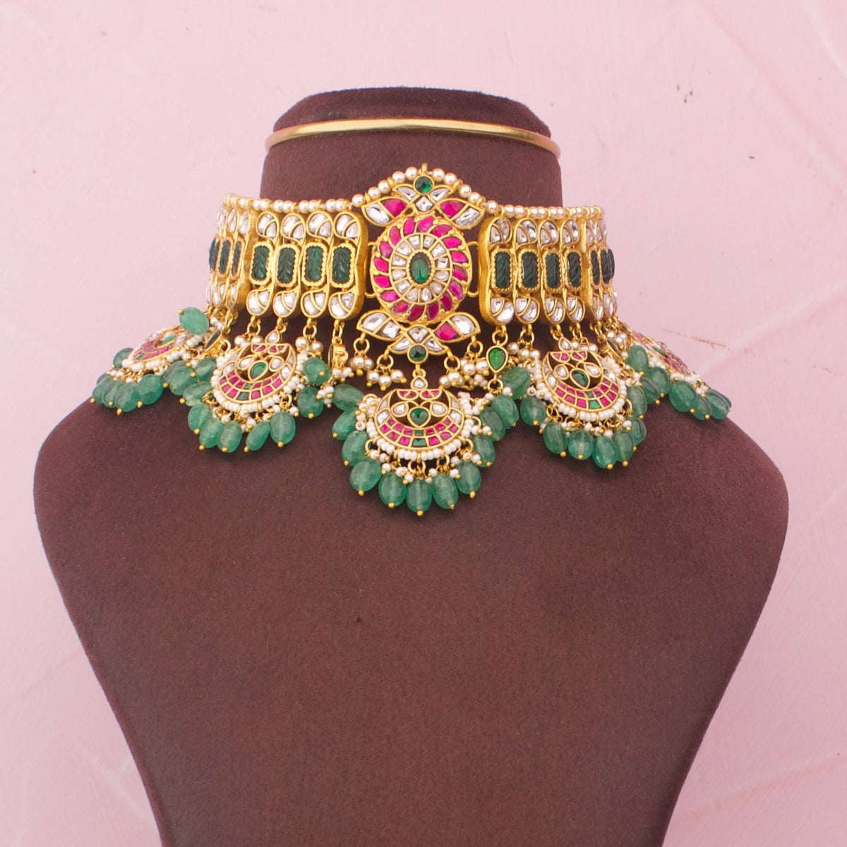 Luxury Jadau Kundan Choker Necklace With Green Drops