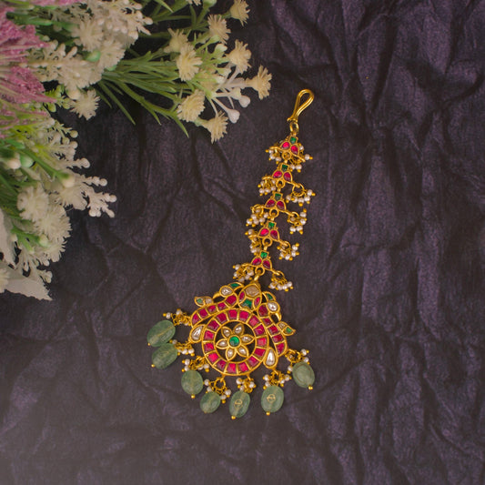 Majestic Jadau Kundan Maang Tikka Round Flower, Peacock Design ￼
