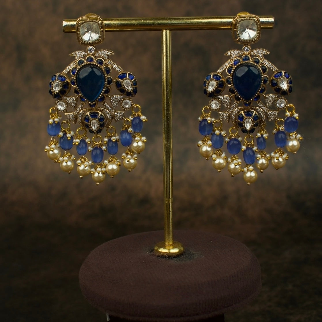 Victorian Cz Kundan & Polki Chandbali Earrings