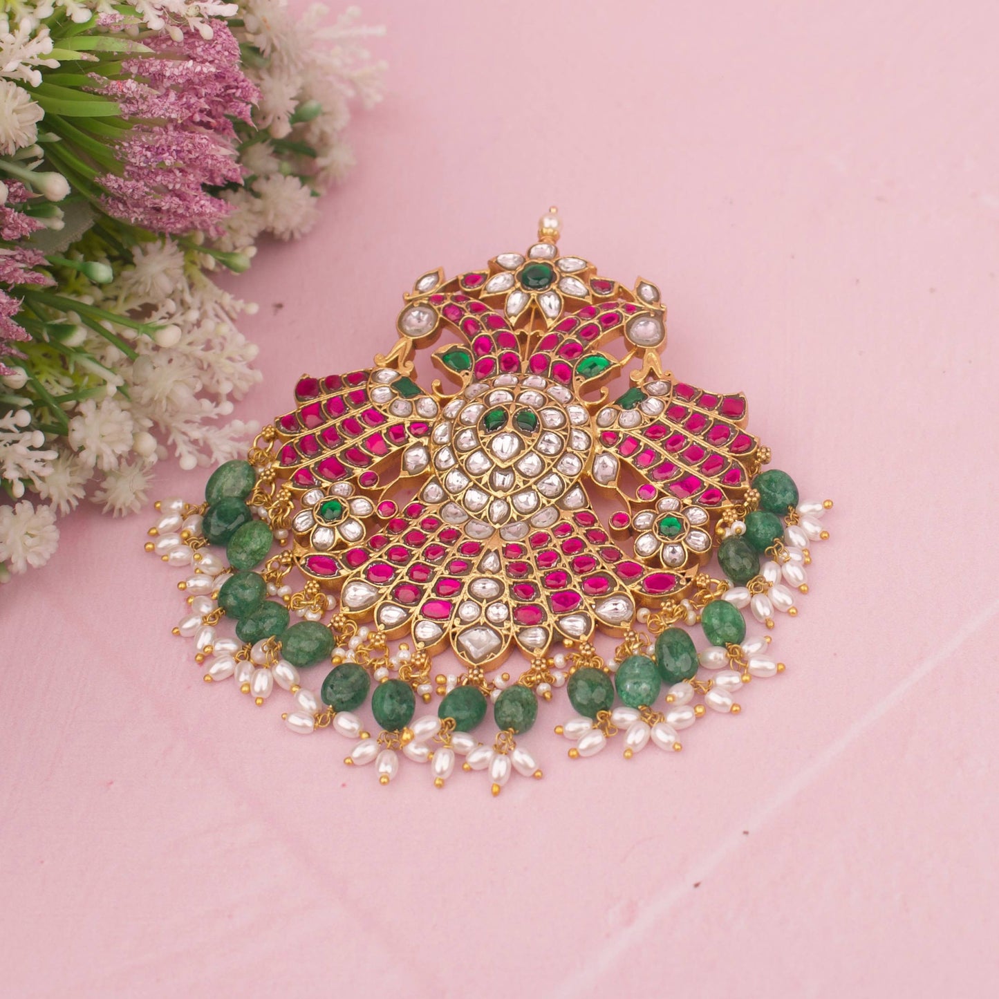 Grand Peacock Design Jadau Kundan Locket With Guttapusalu Hangings