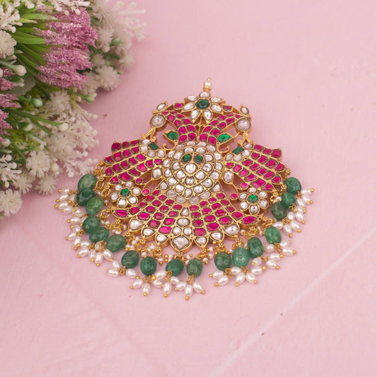 Grand Peacock Design Jadau Kundan Locket With Guttapusalu Hangings