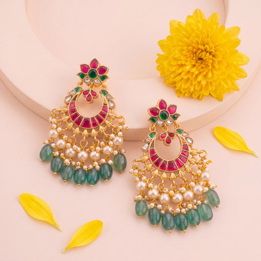 Jadau Kundan Lotus Motif Chandbali Earrings with Pearls And Green Beads - Handcrafted Indian Bridal Jewelry by Dulhan Jewels