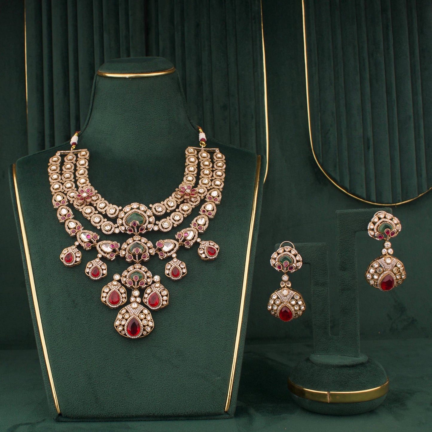 Victorian Ruby Emerald Polki Bridal Statement Necklace Set With Matching Earrings