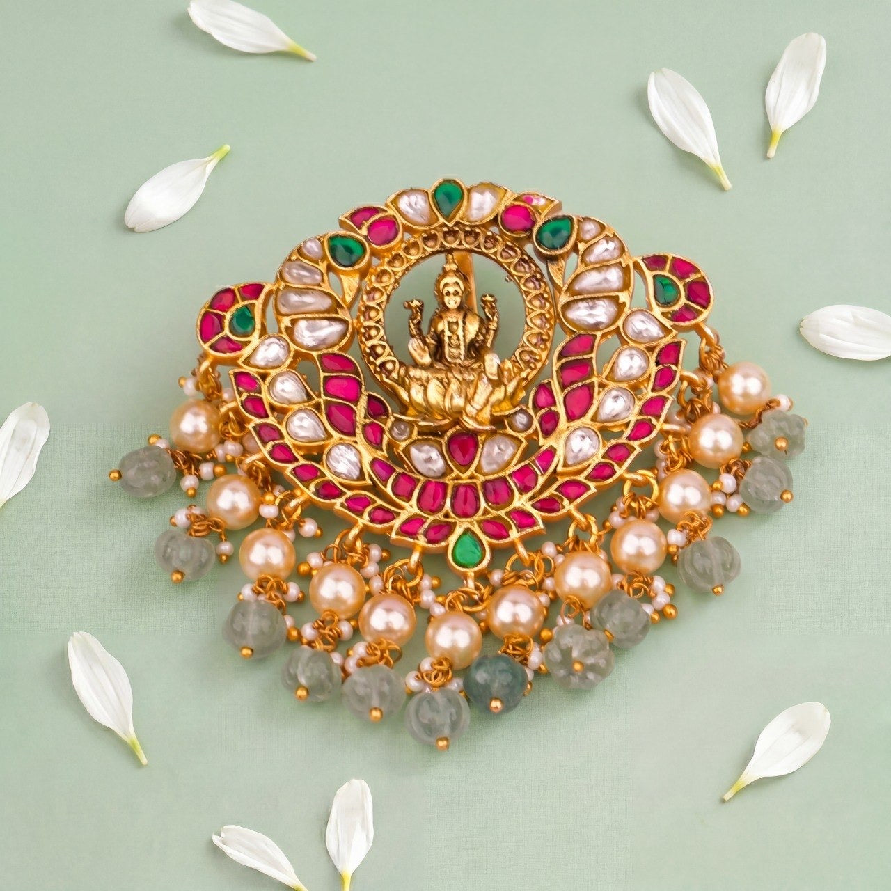 Divine Laxmi Devi Jadau Kundan Pendnat With Guttapusalu Hangings