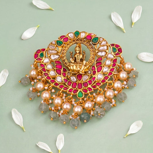 Divine Laxmi Devi Jadau Kundan Pendnat With Guttapusalu Hangings