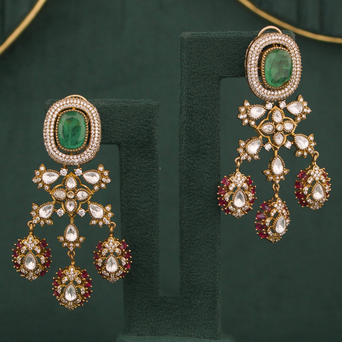 Royal Victorian Layered Polki Necklace Set With Emerald Green Stones And Matching Drop Earrings