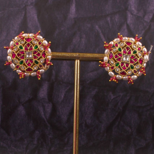 Gold Inspired Jadau Kundan Stud Earrings With Pearl Bordering