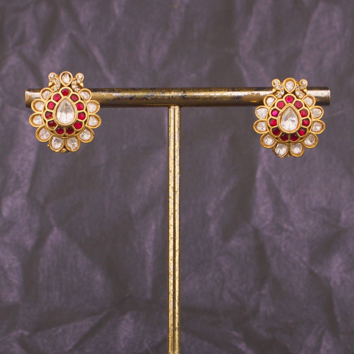 Radiant Ruby Jadau Kundan Stud Earrings Craftsmanship & Detail View - Dulhan Jewels