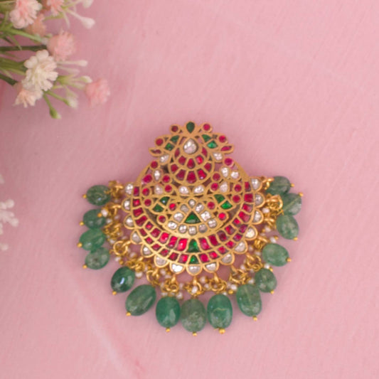 Grand Jadau Kundan Chand Shaped Pendant With Green Beads Hangings