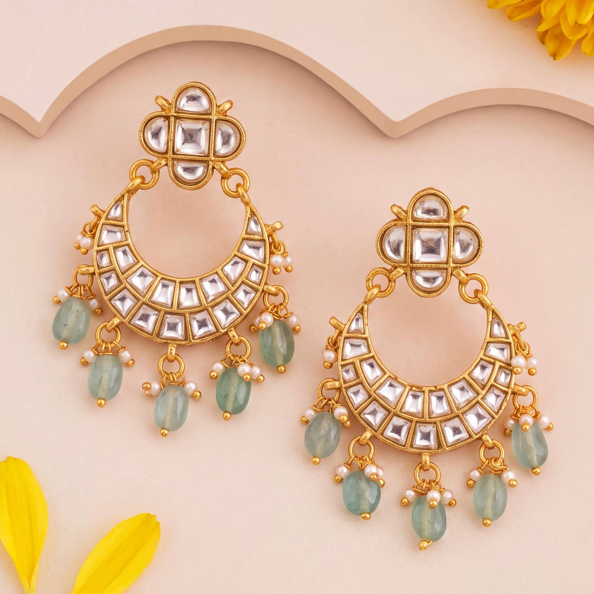 Floral Studded Sleek Jadau Kundan Chandbali Hanging Earrings - Handcrafted Indian Bridal Jewelry by Dulhan Jewels