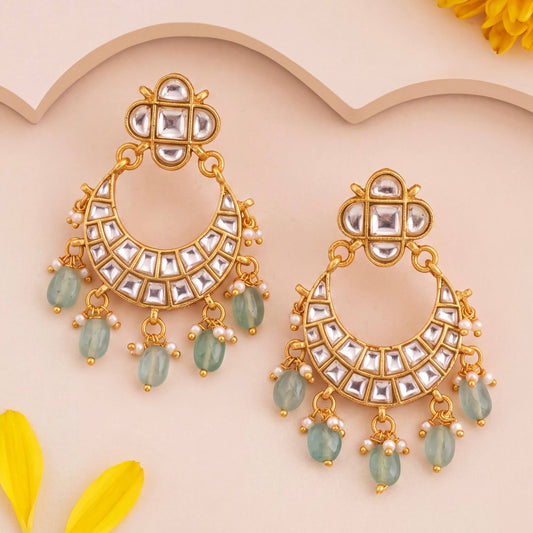 Floral Studded Sleek Jadau Kundan Chandbali Hanging Earrings