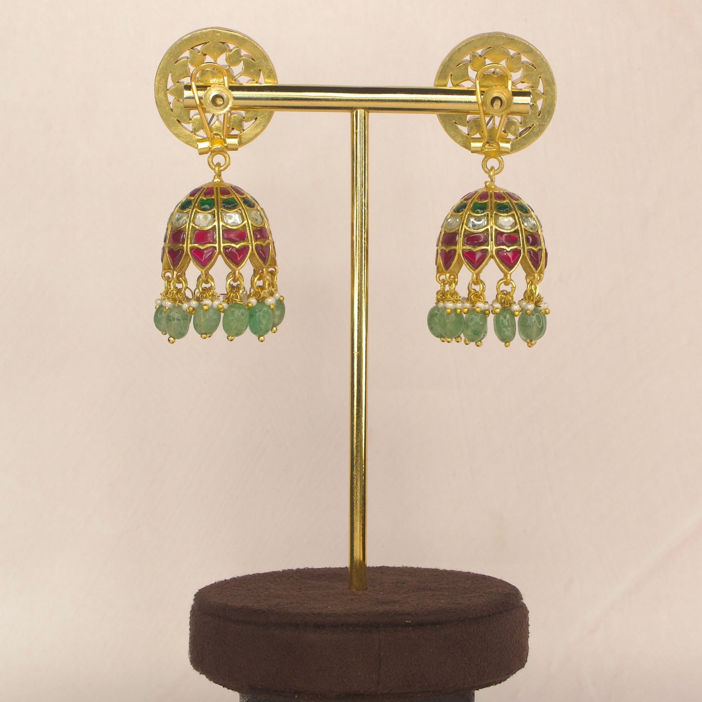 Regal Grandeur Ruby & Emerald Jadau Kundan Jhumka earrings with 22k Gold plating