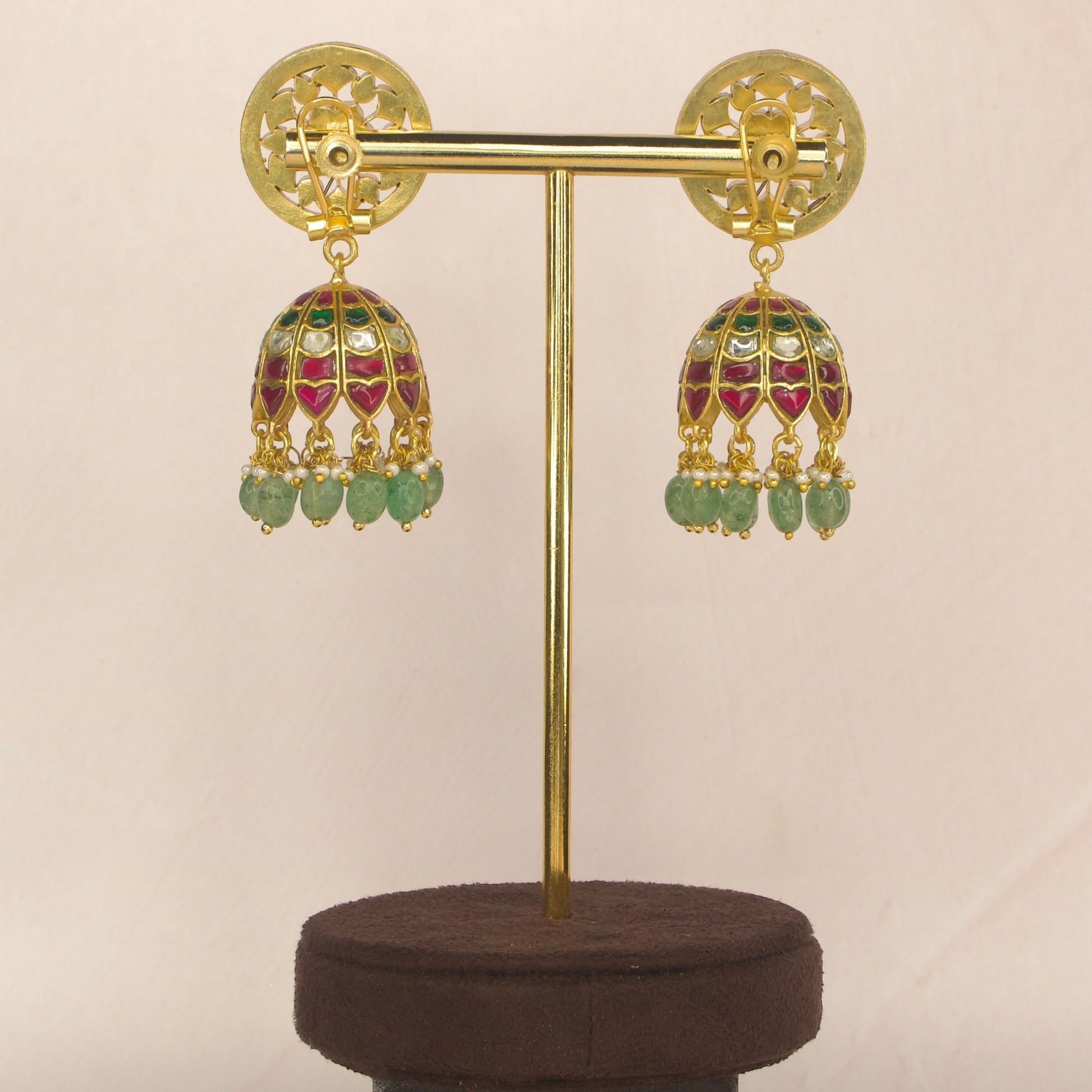 Regal Grandeur Ruby & Emerald Jadau Kundan Jhumka earrings with 22k Gold plating