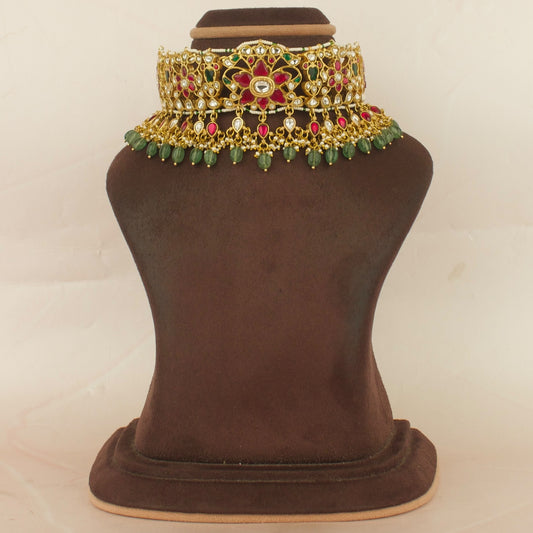 Grand floral Design Jadau Kundan Choker with Green Beads