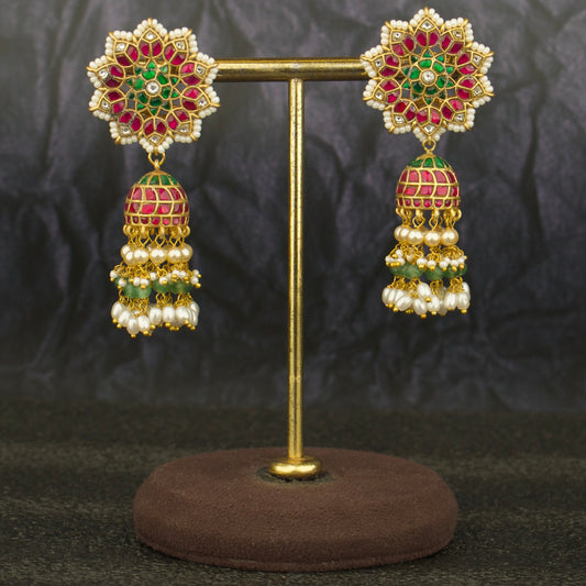 Charming Floral Studded Jadau Kundan Jhumki With Guttapusalu Hangings