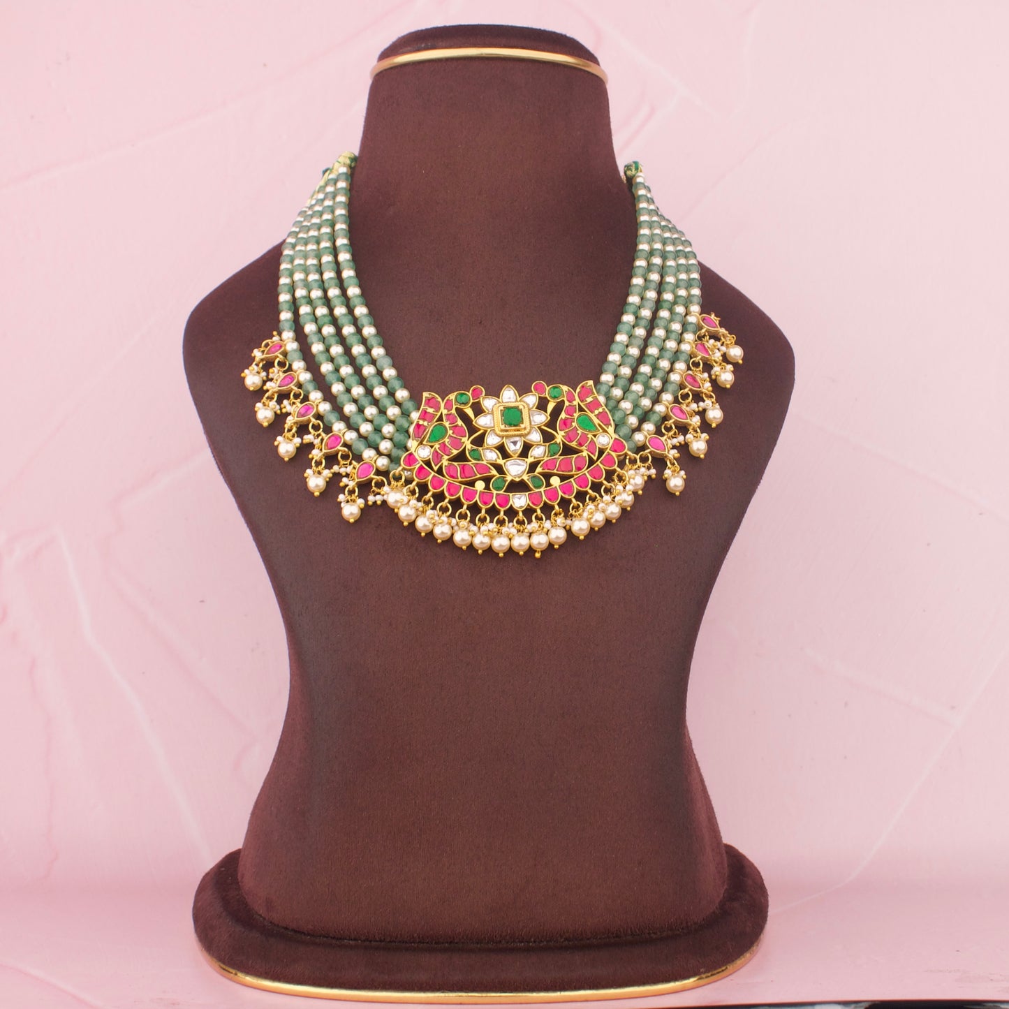 Floral Jadau kundan peacock Design Necklace In Pearl And Kundan Hangings